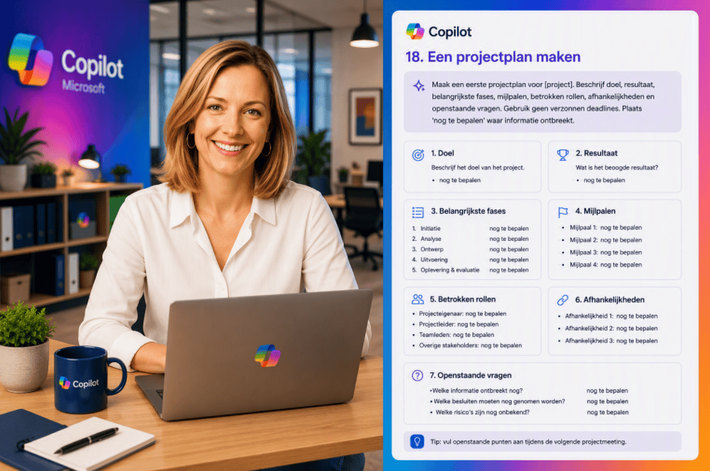 Sanne zit achter een laptop in een moderne kantooromgeving terwijl Copilot een eerste projectplan opstelt met doelen, fasen, mijlpalen, rollen en afhankelijkheden.