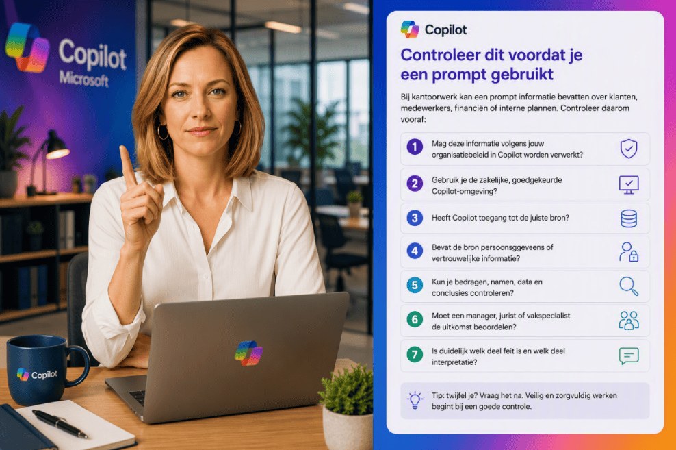 Sanne zit achter een laptop in een kantooromgeving en controleert samen met Copilot een checklist voor veilig en verantwoord gebruik van prompts.