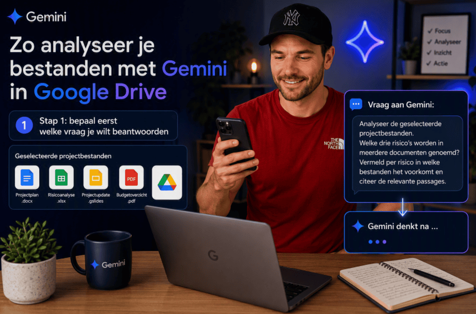 Maarten gebruikt Gemini in Google Drive om meerdere projectbestanden tegelijk te analyseren en risico's uit verschillende documenten te vergelijken.