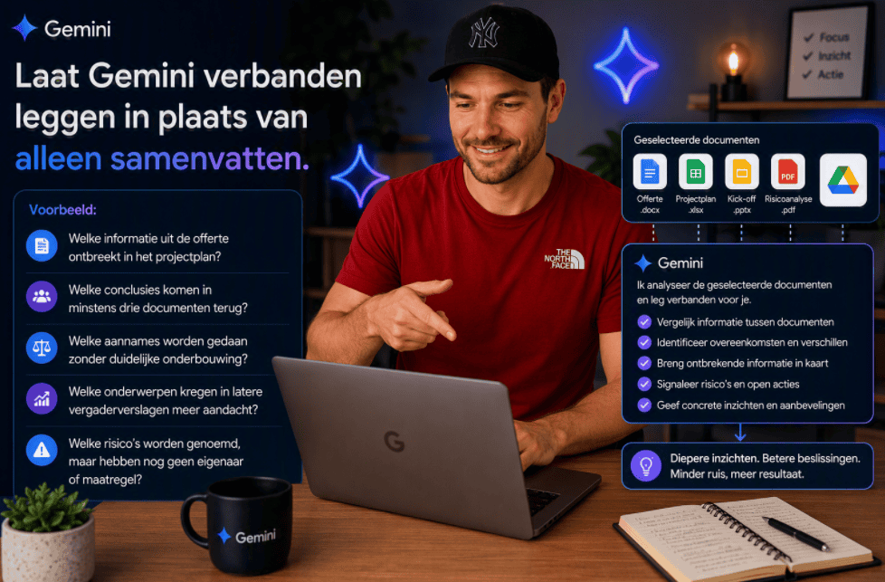 Persoon in rode The North Face-shirt gebruikt Gemini om verbanden te leggen tussen meerdere documenten in Google Drive, waaronder offertes, projectplannen, vergaderverslagen en risicoanalyses.