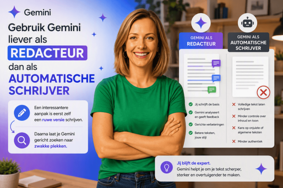 Persoon met armen over elkaar in een thuiskantooromgeving naast een visuele vergelijking tussen Gemini als redacteur en Gemini als automatische schrijver. De afbeelding laat zien hoe AI gebruikt kan worden om teksten te verbeteren en zwakke plekken te identificeren.