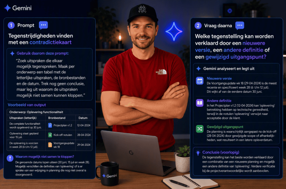 Maarten gebruikt Gemini om tegenstrijdigheden tussen documenten te analyseren met een contradictiekaart. Links staat de analyseprompt en rechts de vervolgvraag om verschillen te verklaren aan de hand van nieuwere versies, definities of gewijzigde uitgangspunten.