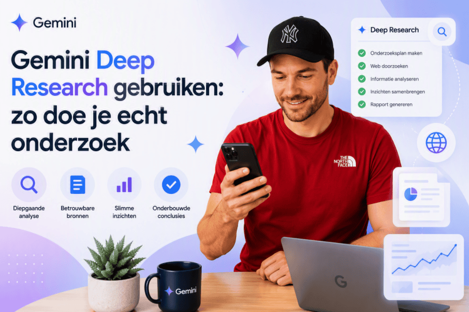 Maarten kijkt naar een telefoon terwijl Gemini Deep Research online bronnen onderzoekt, informatie analyseert en de resultaten samenbrengt in een onderbouwd onderzoeksrapport.