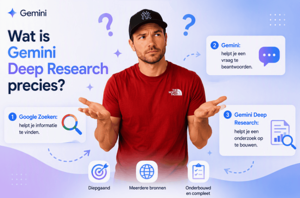 Maarten staat met beide handen vragend omhoog tussen drie uitlegblokken die het verschil tonen tussen Google Zoeken, Gemini en Gemini Deep Research.
