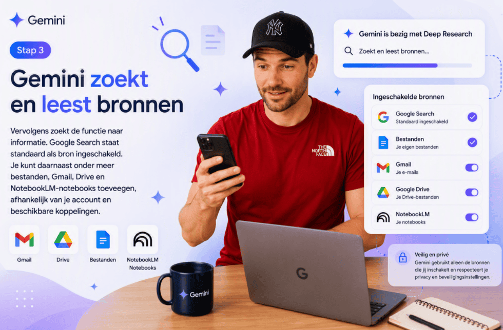 Maarten kijkt op zijn telefoon terwijl Gemini Deep Research informatie verzamelt uit Google Search, Gmail, Google Drive, bestanden en NotebookLM-notebooks voor een uitgebreid onderzoek.