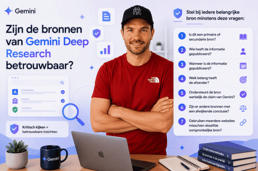 Maarten staat recht in de camera te kijken terwijl een overzicht wordt getoond met controlevragen om de betrouwbaarheid van bronnen uit Gemini Deep Research te beoordelen.