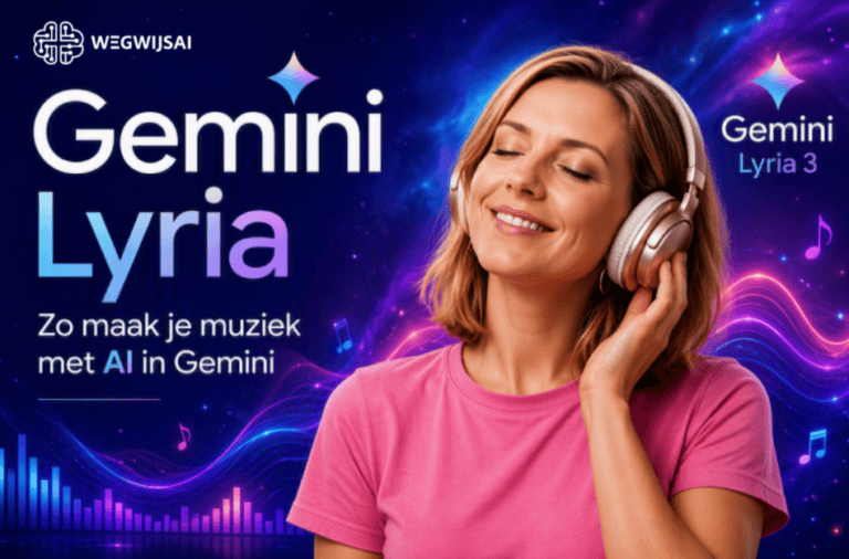 Sanne met roze shirt en koptelefoon luistert naar muziek terwijl Gemini Lyria 3 AI-muziek genereert op een kleurrijke achtergrond in Gemini-stijl.