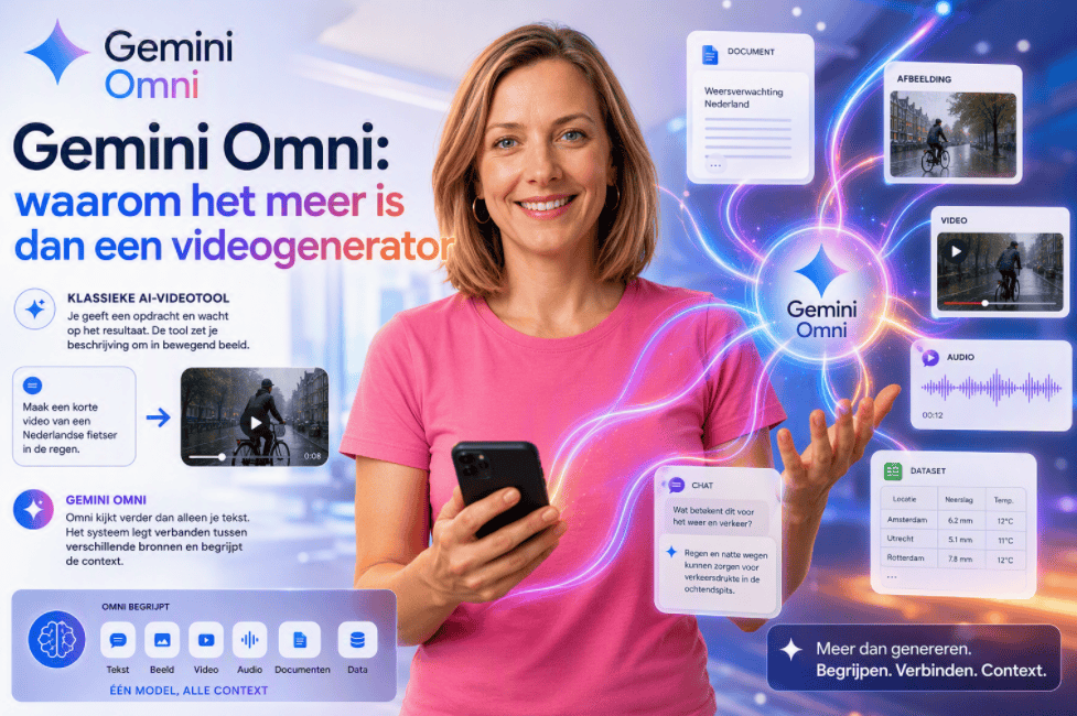 Sanne in een roze shirt kijkt lachend in de camera terwijl Gemini Omni verschillende bronnen zoals tekst, beeld, video, audio, chat en data met elkaar verbindt.