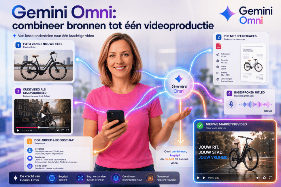 Sanne in een roze shirt staat centraal terwijl een productfoto van een fiets, een PDF-brochure, een oude video, een audiobestand en een marketingbriefing samenkomen in Gemini Omni om automatisch een nieuwe marketingvideo te maken.