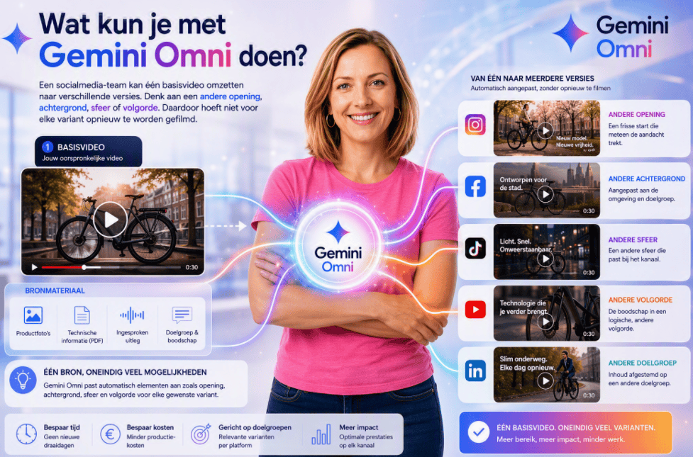 Sanne staat in het midden en kijkt naar de camera terwijl Gemini Omni één basisvideo omzet naar meerdere socialmedia-versies met verschillende openingen, achtergronden, sferen, doelgroepen en platformen.
