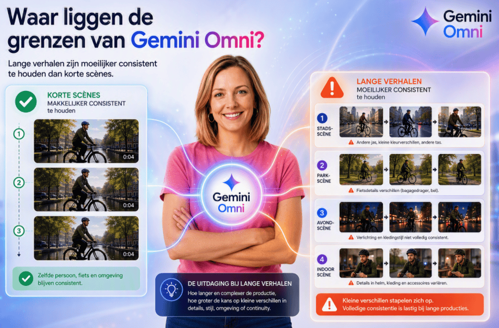 Sanne staat centraal in een Gemini Omni-omgeving terwijl links korte videoclips met consistente beelden worden getoond en rechts langere videoproducties waarin kleine verschillen tussen scènes ontstaan.