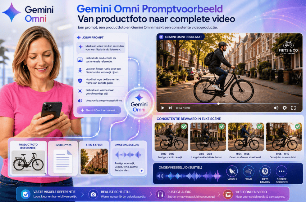 Sanne kijkt naar haar smartphone terwijl Gemini Omni een productfoto van een fiets omzet naar een consistente promotievideo van tien seconden in een Nederlandse woonwijk.