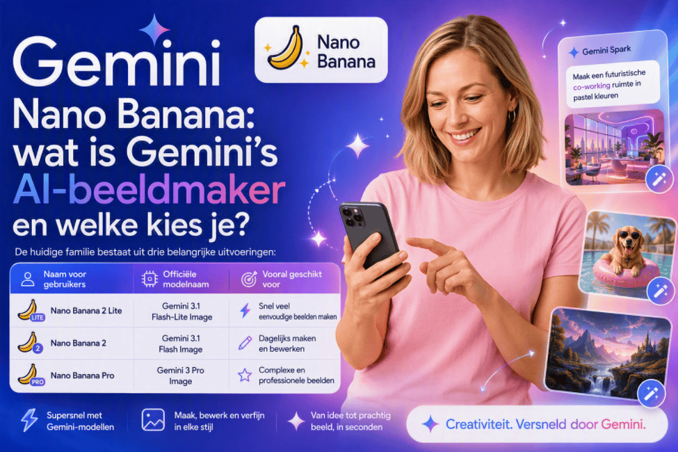 Sanne kijkt naar haar mobiele telefoon voor een Gemini-kleurige achtergrond met Nano Banana-logo, AI-beeldvoorbeelden en een overzicht van Nano Banana 2 Lite, Nano Banana 2 en Nano Banana Pro.