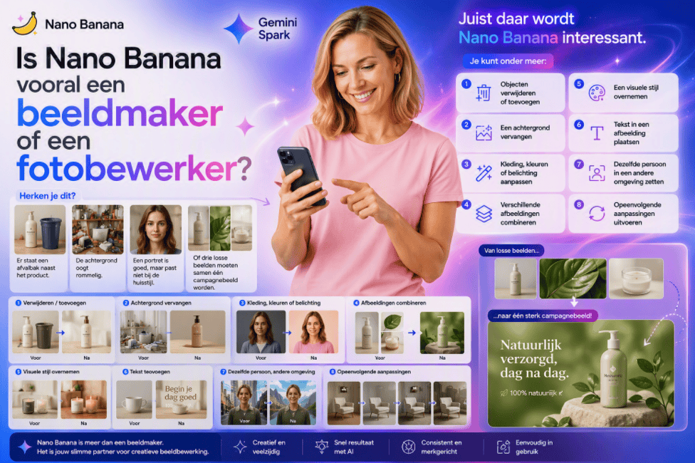 Persoon in lichtroze shirt kijkt naar een smartphone terwijl een Gemini Spark-achtige infographic toont hoe Nano Banana afbeeldingen kan bewerken, combineren en verbeteren met voorbeelden van objecten verwijderen, achtergronden vervangen en stijlen overnemen.