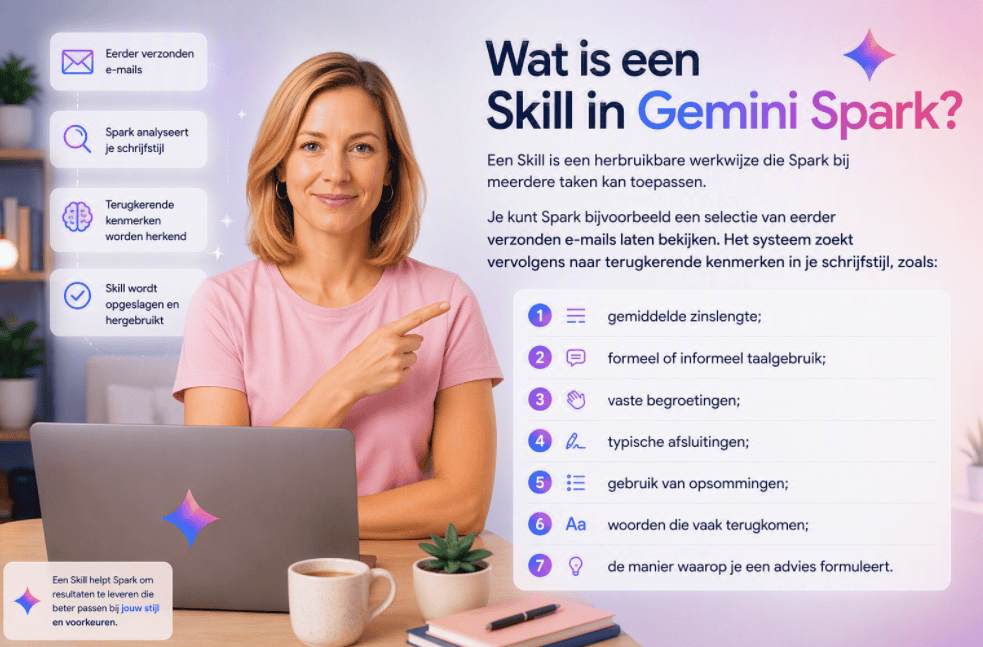 Sanne legt uit wat een Skill in Gemini Spark is en hoe Spark een persoonlijke schrijfstijl herkent