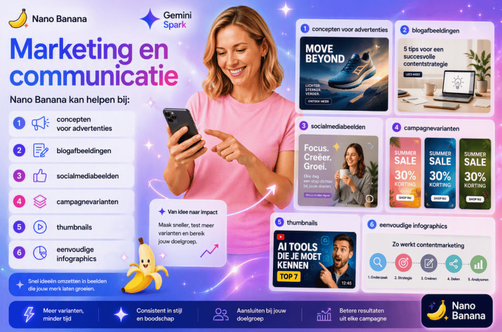 Sanne kijkt naar haar smartphone in een Gemini Spark-omgeving, terwijl voorbeelden worden getoond van advertentieconcepten, blogafbeeldingen, socialmediabeelden, campagnevarianten, thumbnails en infographics die met Nano Banana gemaakt kunnen worden.