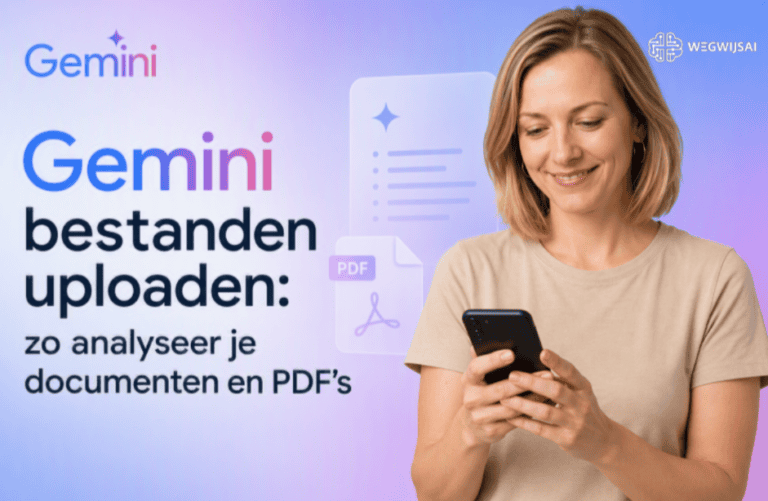 Sanne kijkt naar haar mobiele telefoon terwijl Gemini PDF-documenten analyseert met bestanden uploaden in Google Gemini.