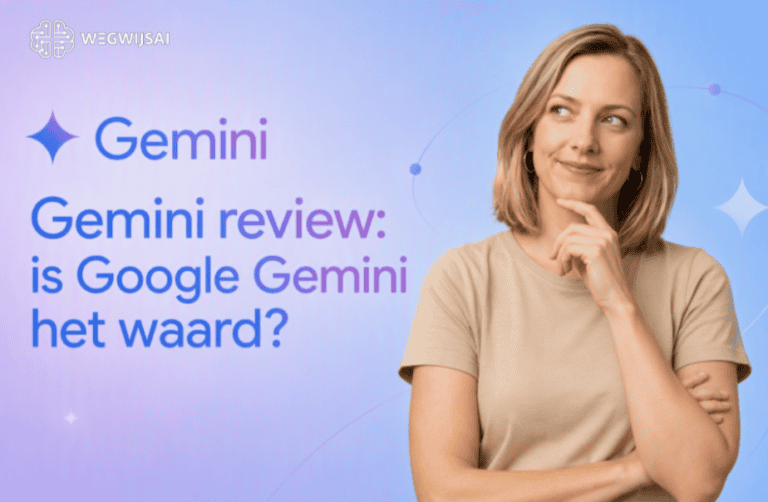 Sanne in beige shirt voor een Gemini-kleurige achtergrond met de titel Gemini review: is Google Gemini het waard?