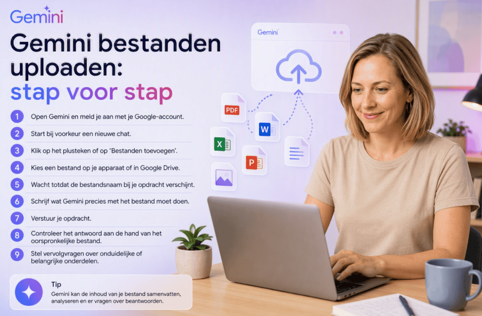Sanne zit achter een laptop in een rustige thuiswerkomgeving terwijl stap voor stap wordt uitgelegd hoe je bestanden uploadt naar Gemini voor analyse van documenten, PDF's en andere bestanden.