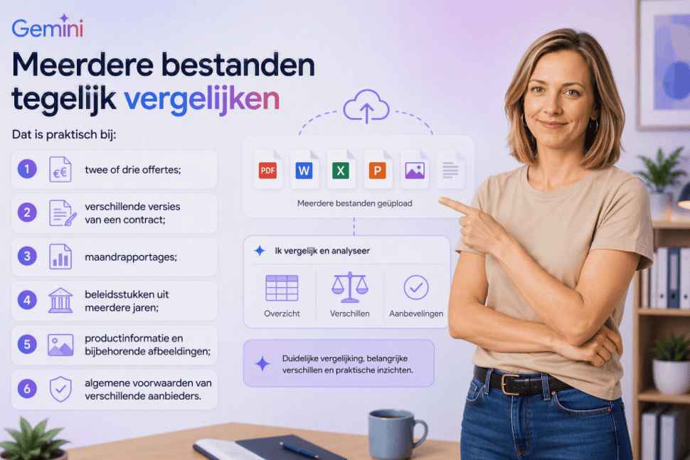 Sanne staat in een thuiswerkomgeving en wijst naar meerdere geüploade bestanden in Gemini. De illustratie laat zien hoe offertes, contracten, rapportages, beleidsdocumenten, afbeeldingen en algemene voorwaarden met elkaar kunnen worden vergeleken.