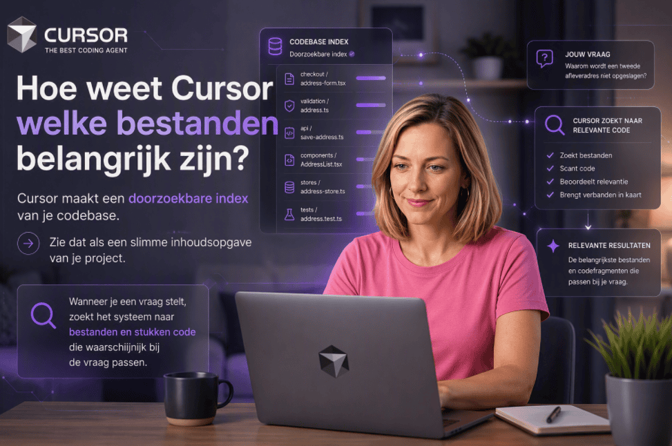 Sanne werkt achter haar laptop in een thuiswerkomgeving terwijl Cursor AI een codebase indexeert en relevante bestanden selecteert op basis van een vraag over softwarecode.