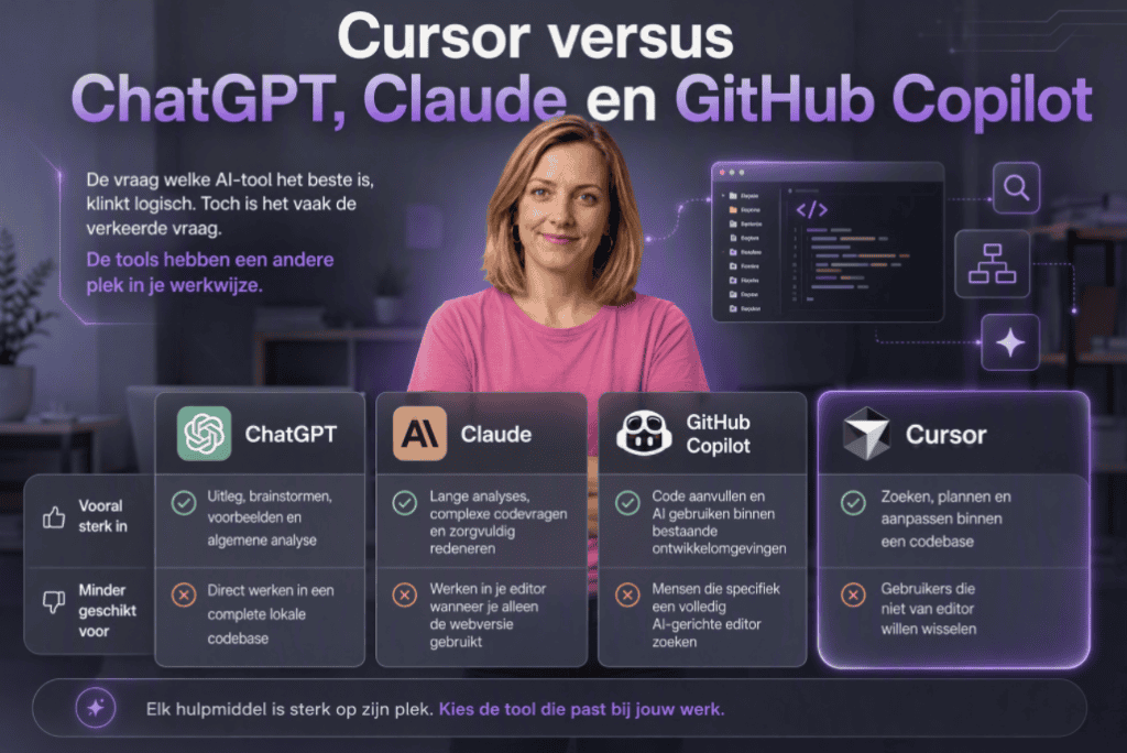 Sanne staat centraal in beeld terwijl ChatGPT, Claude, GitHub Copilot en Cursor AI naast elkaar worden vergeleken op hun belangrijkste sterke punten en toepassingsgebieden binnen softwareontwikkeling.