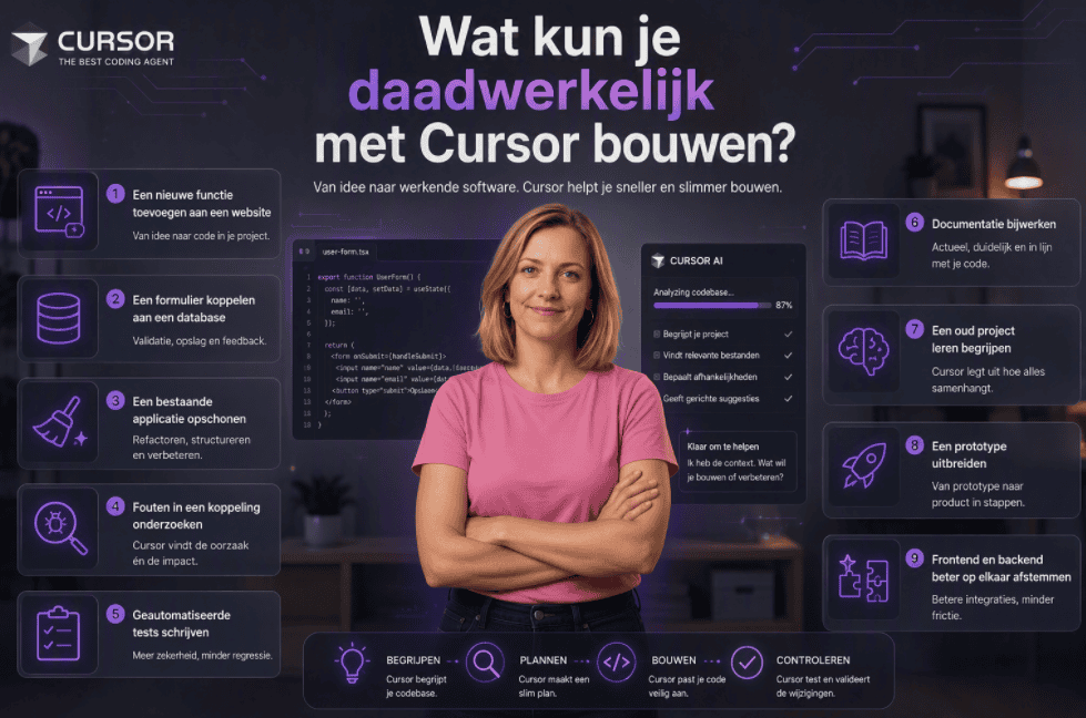 Sanne staat centraal in een Cursor AI-stijl omgeving met paarse en grijze accenten, omringd door overzichtelijke kaarten die laten zien wat je met Cursor kunt bouwen, zoals functies toevoegen, formulieren koppelen, bugs onderzoeken en tests schrijven.