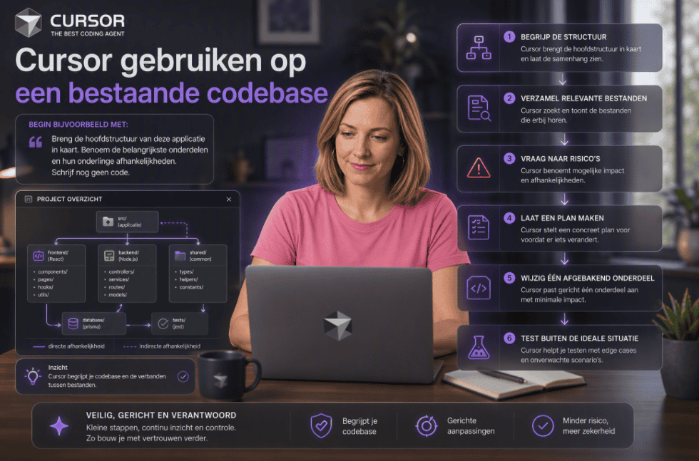 Persoon achter een laptop in een thuiswerkomgeving gebruikt Cursor AI om een bestaande codebase te analyseren. Op het scherm zijn een projectstructuur, afhankelijkheden en een stapsgewijze aanpak zichtbaar om veilig wijzigingen door te voeren.