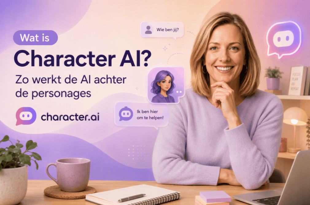 Character AI hero-afbeelding met een persoon aan een thuiswerkbureau, Character.AI-logo, chatpersonages en de titel "Wat is Character AI? Zo werkt de AI achter de personages".