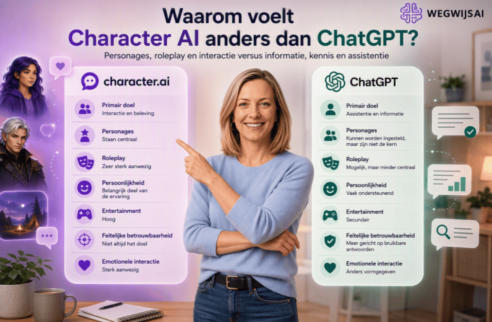 Vergelijkingsafbeelding tussen Character AI en ChatGPT met een persoon in een thuiswerkomgeving die wijst naar de belangrijkste verschillen op het gebied van personages, roleplay, entertainment, informatievoorziening en assistentie.