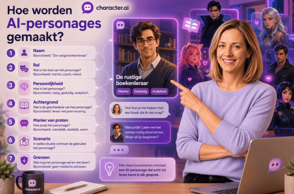 afbeelding over het maken van AI-personages in Character AI met een persoon die wijst naar een voorbeeldpersonage, terwijl naam, rol, persoonlijkheid, achtergrond, manier van praten, scenario en grenzen visueel worden weergegeven.