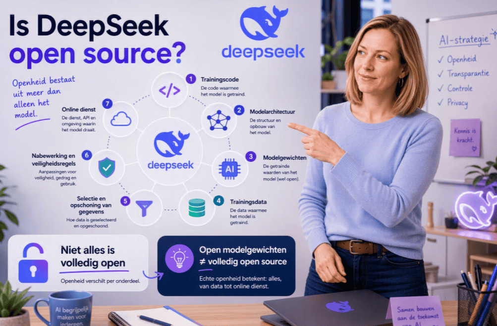 Sanne staat in een moderne kantooromgeving voor een groot scherm waarop wordt uitgelegd welke onderdelen van DeepSeek open beschikbaar zijn. Rondom het DeepSeek-logo staan iconen voor trainingscode, modelarchitectuur, modelgewichten, trainingsdata, veiligheidsregels en de online dienst.
