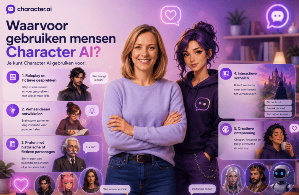 Hero-afbeelding over waarvoor mensen Character AI gebruiken, met Sanne in het midden naast een Character AI-karikatuur en meerdere fictieve AI-personages voor roleplay, verhaalideeën, interactieve verhalen en creatieve ontspanning.