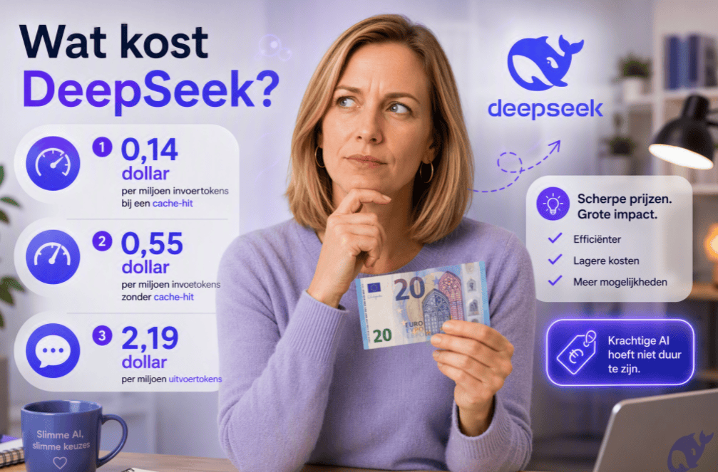 Sanne zit centraal in beeld aan een bureau en houdt een biljet van 20 euro vast terwijl ze nadenkend kijkt naar de kosten van DeepSeek. Op de achtergrond staan het DeepSeek-logo en een overzicht van de tokenprijzen voor invoer- en uitvoertokens.