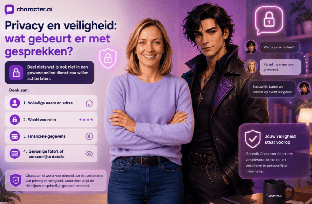 Hero-afbeelding over privacy en veiligheid in Character AI met Sanne naast een fictief AI-personage, beveiligingssymbolen, chatvensters en een overzicht van gegevens die gebruikers beter niet kunnen delen.
