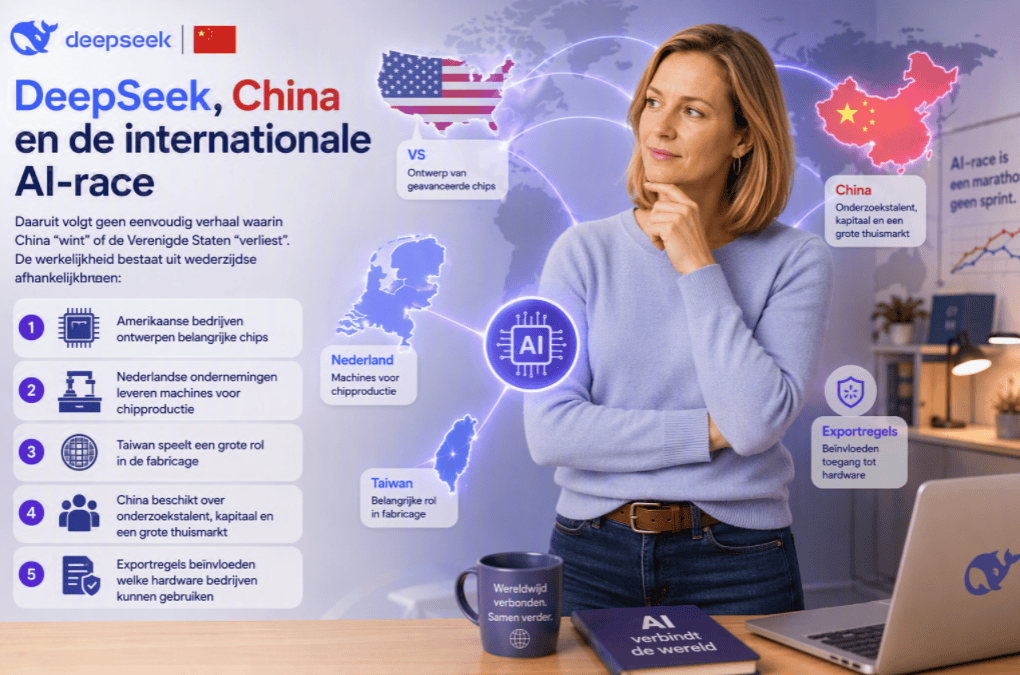 Sanne staat nadenkend in een moderne kantooromgeving voor een wereldkaart met DeepSeek- en China-branding. De visual laat zien hoe de internationale AI-race draait om chips uit de Verenigde Staten, chipmachines uit Nederland, productie in Taiwan, onderzoekstalent in China en exportregels.