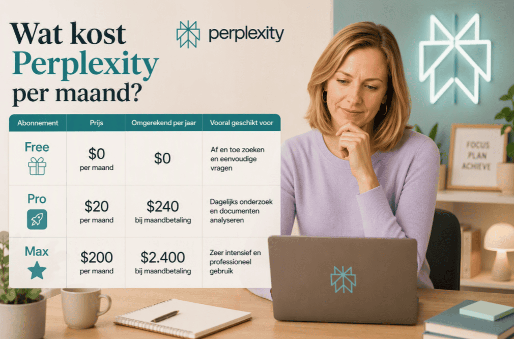 Sanne bekijkt achter haar laptop een overzicht van Perplexity abonnementen met Free, Pro en Max prijzen per maand en per jaar in een thuiswerksetting met Perplexity-logo.
