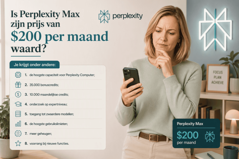 Sanne staat in een thuiswerkomgeving en bekijkt haar mobiele telefoon terwijl een overzicht zichtbaar is van de voordelen van Perplexity Max voor 200 dollar per maand.