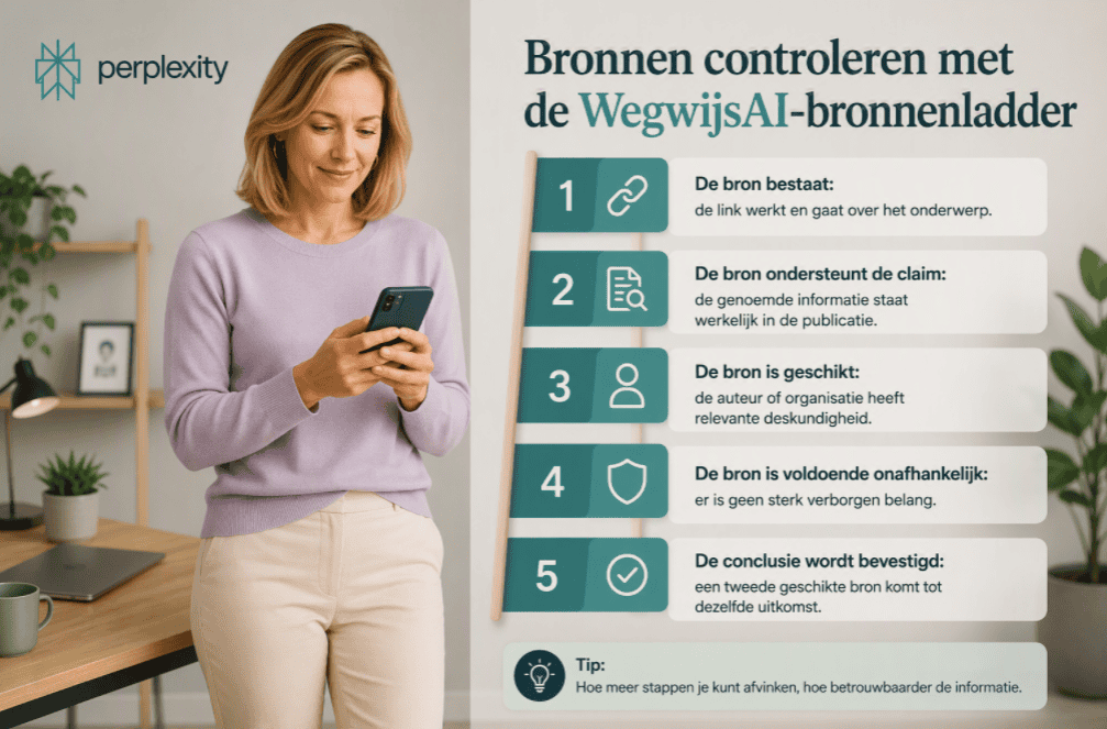 Sanne staat in een rustige thuiswerkomgeving en kijkt naar haar mobiele telefoon naast een overzicht van de WegwijsAI-bronnenladder. De afbeelding toont vijf stappen om bronnen in Perplexity te controleren: of de bron bestaat, de claim ondersteunt, geschikt is, onafhankelijk genoeg is en door een tweede bron wordt bevestigd.