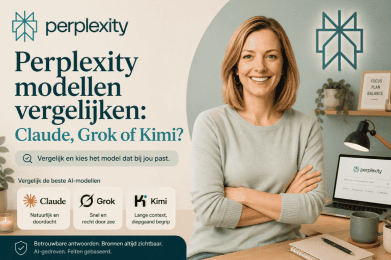 Perplexity modellen vergelijken met Claude, Grok en Kimi. Professionele hero-afbeelding met Sanne in een thuiswerkomgeving en Perplexity-branding.