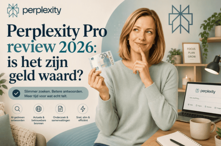 Sanne houdt een biljet van 20 euro vast en denkt na over de waarde van Perplexity Pro. Op de achtergrond zijn thuiswerk-elementen zichtbaar, samen met Perplexity-logo's en de titel "Perplexity Pro review 2026: is het zijn geld waard?".