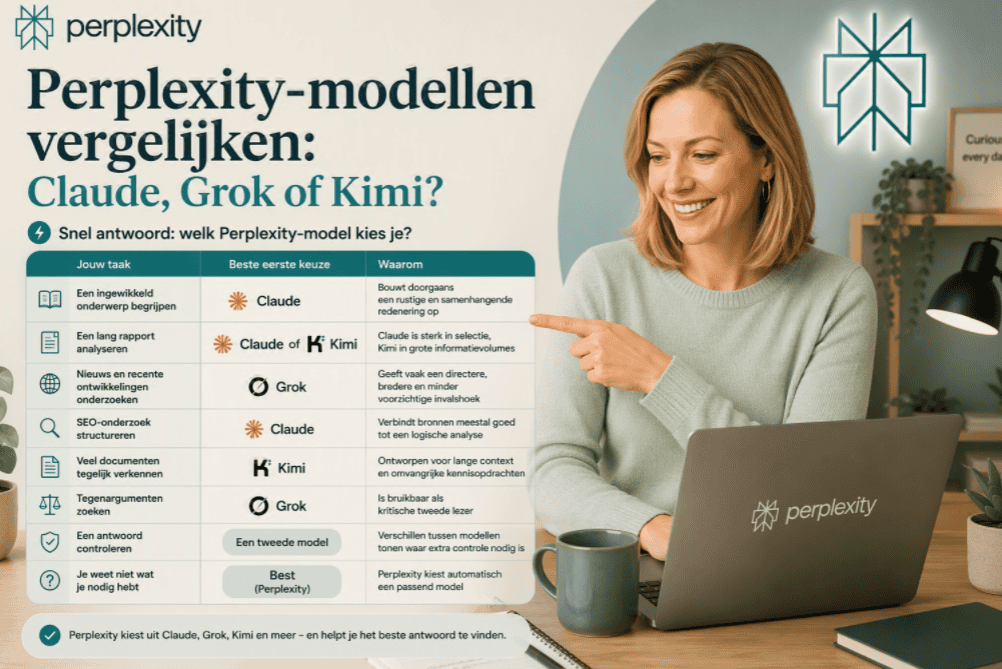 Sanne zit achter een laptop in een thuiswerkomgeving en vergelijkt de Perplexity-modellen Claude, Grok, Kimi en Best in een overzichtelijke vergelijkingstabel.