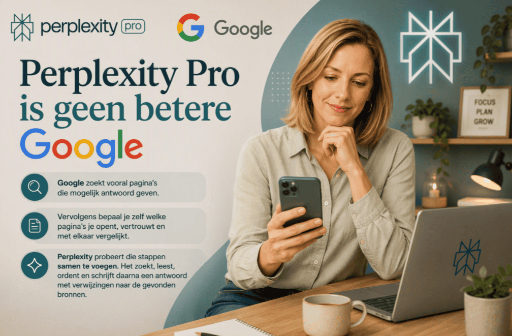 Sanne zit aan een thuiswerkbureau en bekijkt haar mobiele telefoon naast een laptop. De logo’s van Perplexity Pro en Google ondersteunen de uitleg dat Perplexity Pro geen betere Google is, maar zoeken, lezen, ordenen en antwoorden combineert.