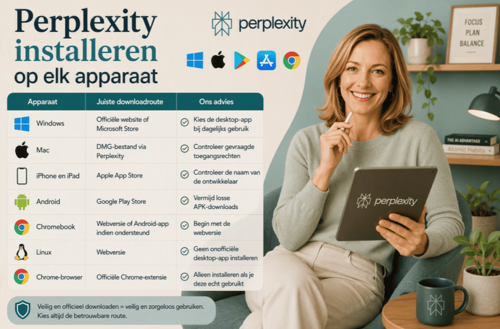 Sanne zit ontspannen in een fauteuil in een thuiswerkomgeving en bekijkt een tablet met Perplexity. Naast haar staat een overzicht met downloadroutes voor Windows, Mac, iPhone, Android, Chromebook, Linux en Chrome, inclusief Perplexity-, Windows-, Apple-, Android- en Chrome-logo's.
