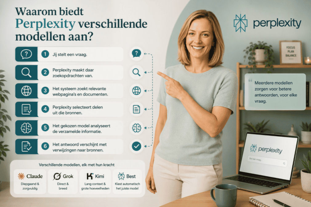 Sanne staat in een thuiswerkomgeving en wijst naar een stapsgewijze uitleg van hoe Perplexity informatie verzamelt, analyseert en antwoorden met bronnen genereert.