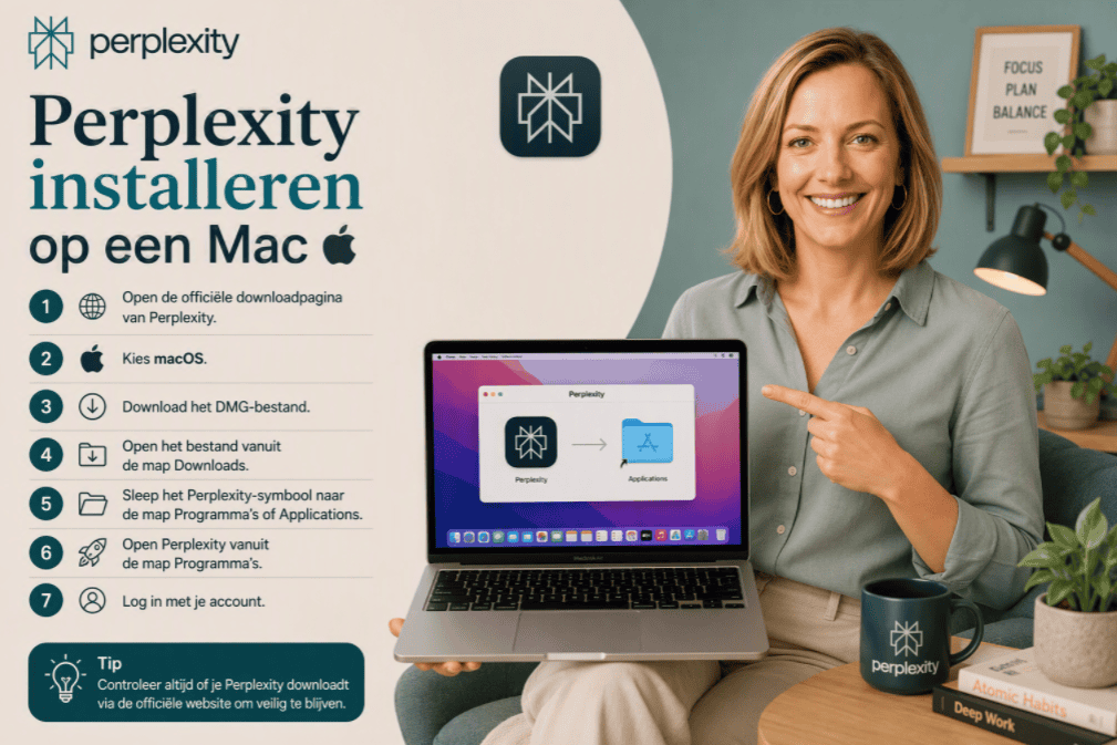 Sanne zit in een moderne thuiswerkruimte met een MacBook op schoot en wijst naar het installatieproces van Perplexity op macOS. Naast haar staat een stappenoverzicht waarmee gebruikers Perplexity veilig op een Mac kunnen downloaden en installeren.