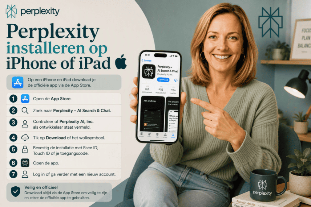 Sanne toont op een iPhone de Perplexity-app in de Apple App Store. Naast haar staat een overzicht met de stappen voor het installeren van Perplexity op een iPhone of iPad, inclusief controle van de ontwikkelaar en installatie via de officiële App Store.
