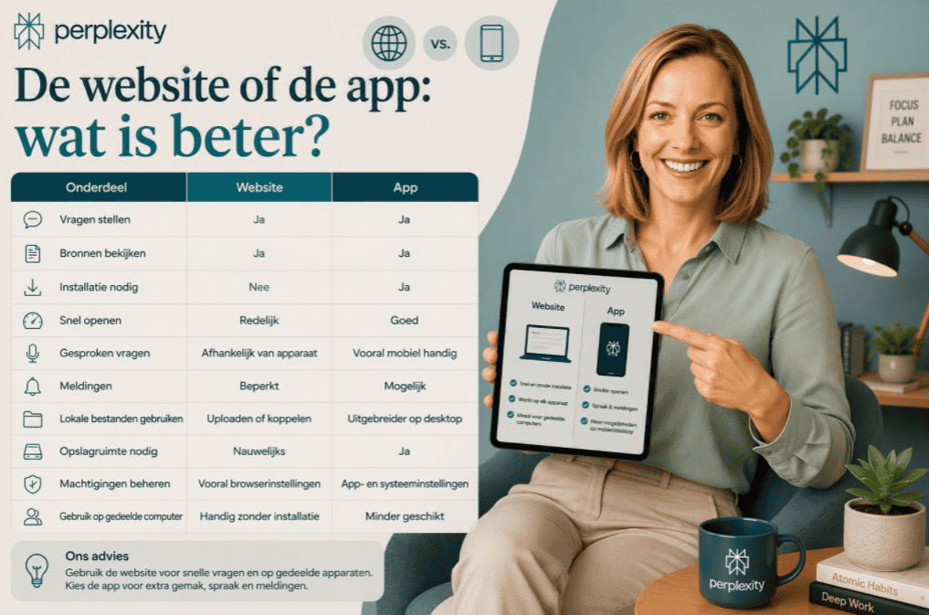 Sanne zit in een moderne thuiswerkruimte en toont een tablet met een vergelijking tussen de Perplexity-website en de app. Naast haar staat een uitgebreid overzicht waarin functies zoals vragen stellen, bronnen bekijken, meldingen, opslagruimte en installatie worden vergeleken.