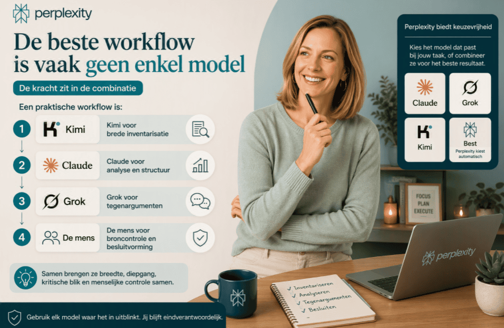 Sanne staat nadenkend in een thuiswerkomgeving met laptop en notitieblok terwijl zij een workflow toont waarin Kimi, Claude, Grok en menselijke controle samenwerken binnen Perplexity.