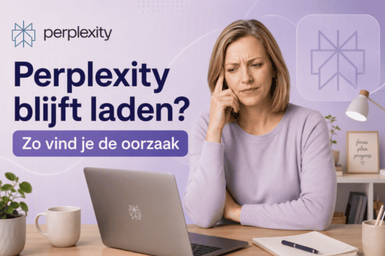 Sanne probeert een probleem met Perplexity op te lossen terwijl de AI-tool blijft laden. Op de achtergrond zijn thuiswerk-elementen en Perplexity-logo's zichtbaar.